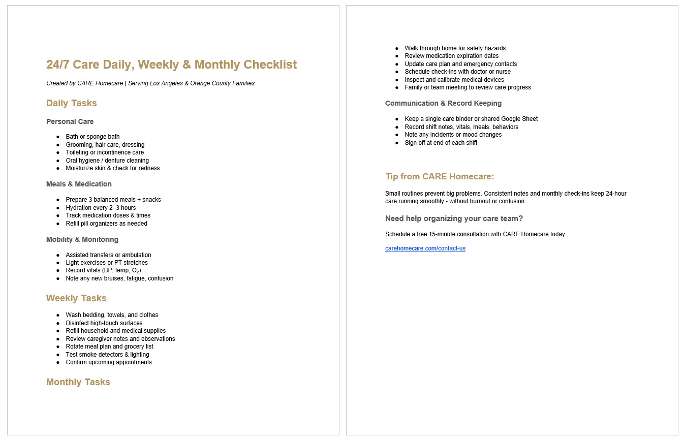 24-7 Care Checklist PDF - Daily, Weekly & Monthly A 24-7 Home Care Checklist Available to Print in PDF - Daily, Weekly & Monthly