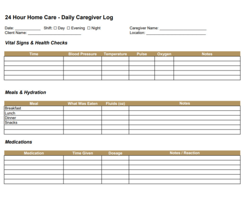 24 Hour Home Care - Daily Caregiver Log - Shift-by-shift record of vitals, meals, medications, and observations.