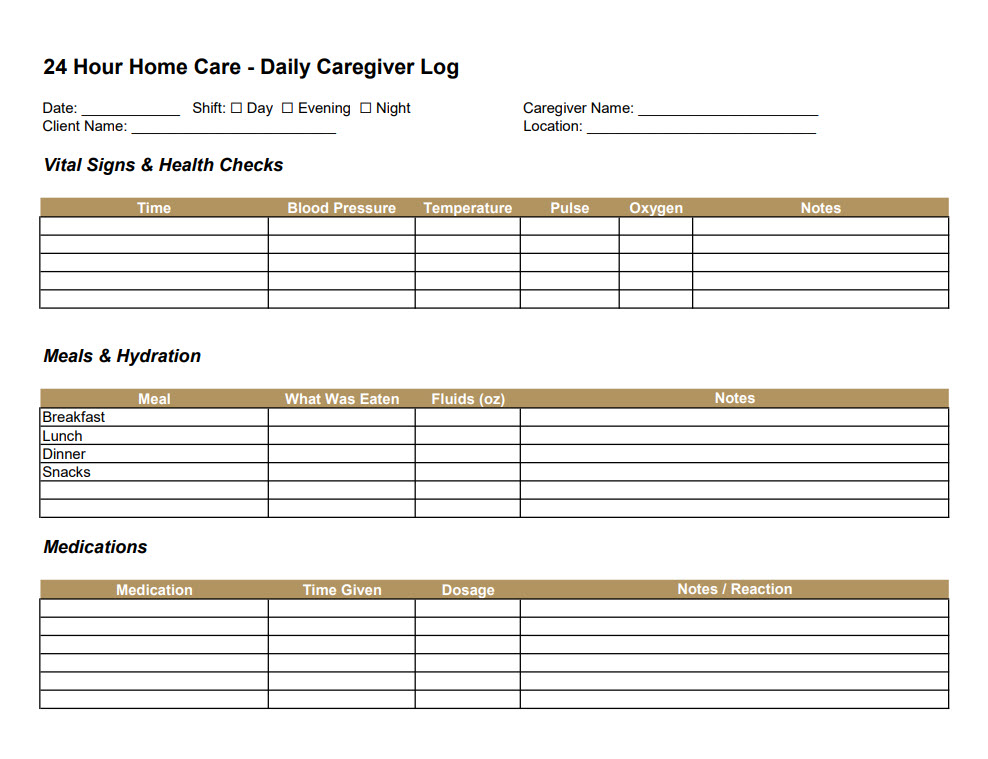 24 Hour Home Care - Daily Caregiver Log 24 Hour Home Care - Daily Caregiver Log - Shift-by-shift record of vitals, meals, medications, and observations.