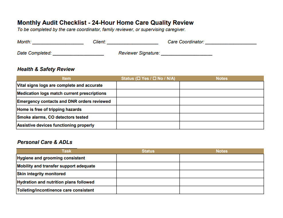 Monthly Audit Checklist - 24-Hour Home Care Quality Review Monthly Audit Checklist - 24-Hour Home Care Quality Review - Review overall care quality, safety, and compliance each month.