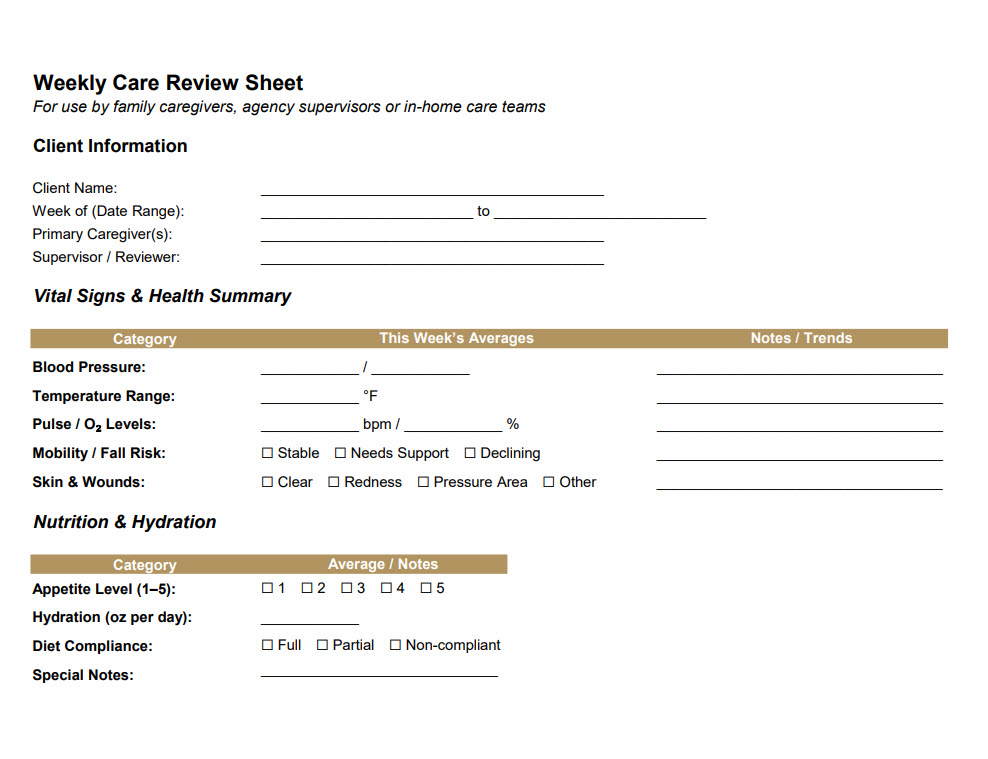 Weekly Care Review Sheet Weekly Care Review Sheet - Summarize weekly progress, health trends, and care notes.