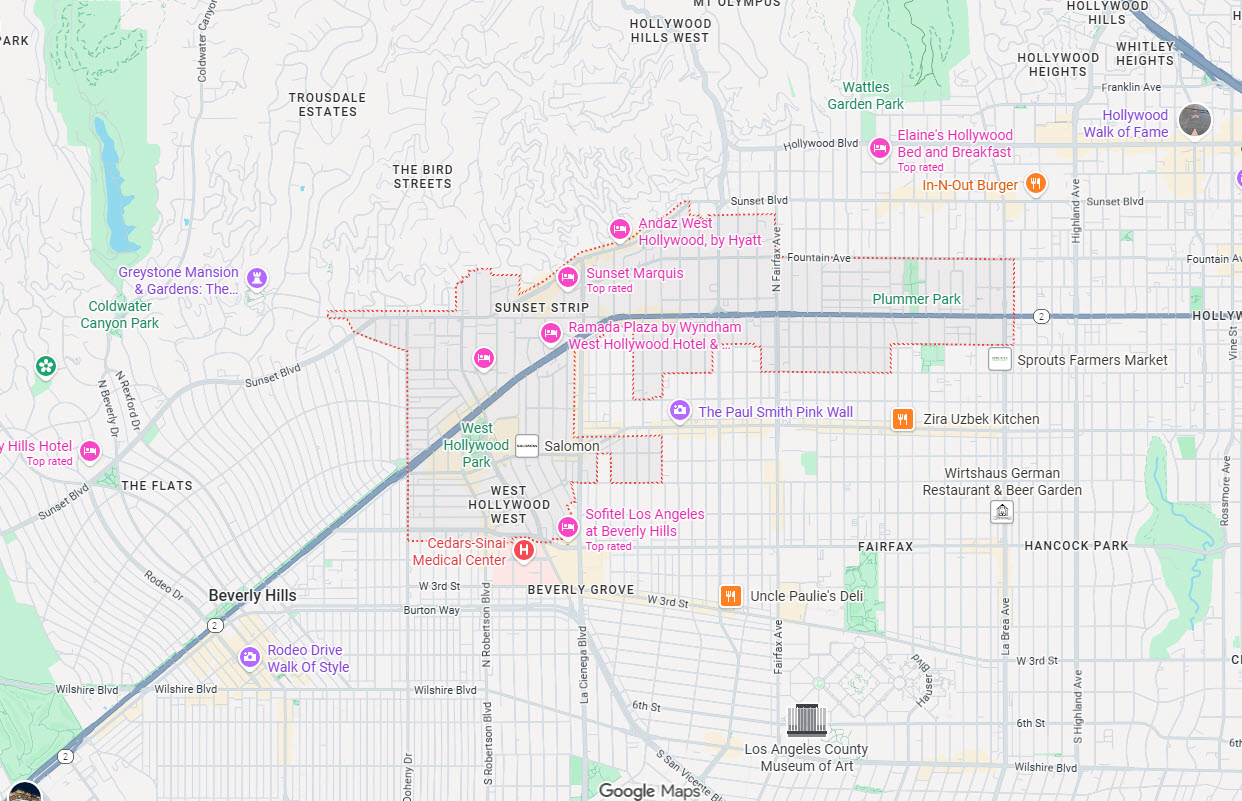 CARE Homecare West Hollywood Senior Home Care Service Area Map A detailed map outlining West Hollywood and nearby neighborhoods that CARE Homecare serves with personalized in home senior care.
