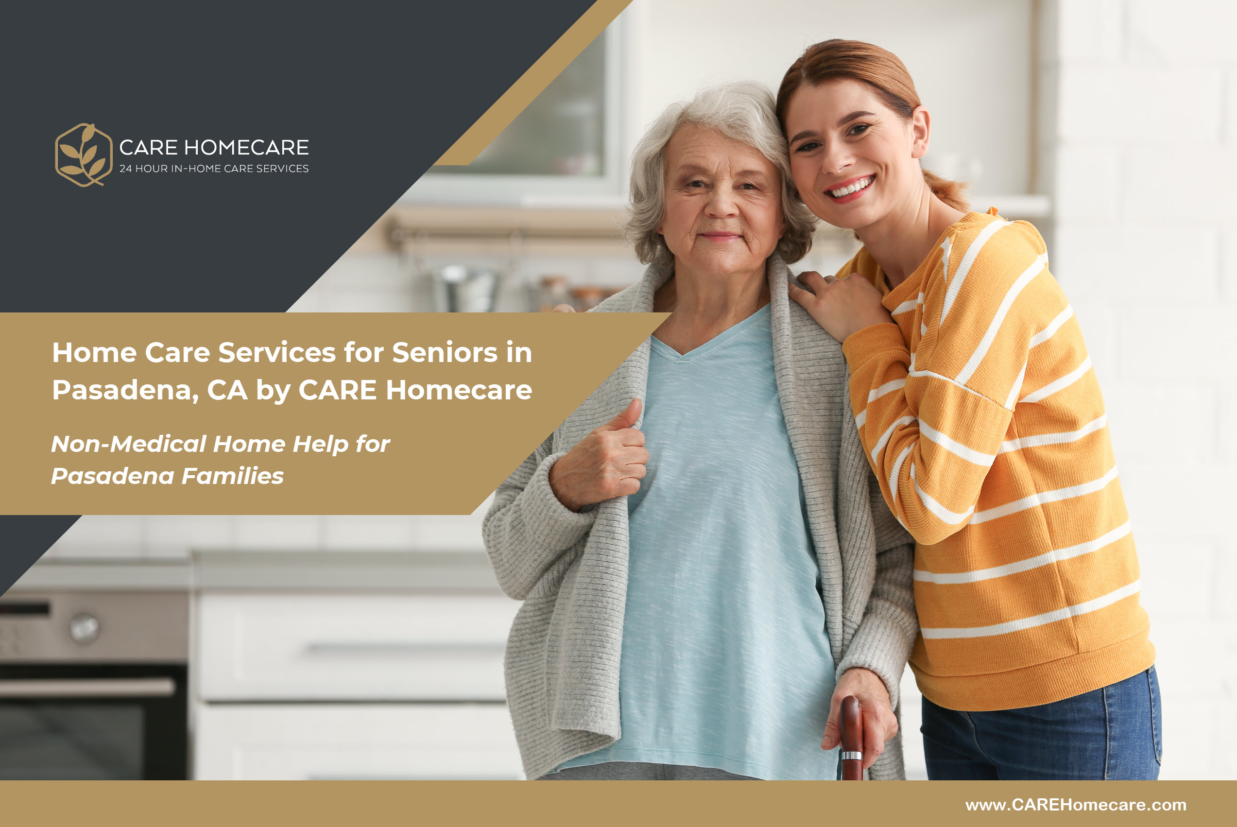 Home Care Services Pasadena Senior And Caregiver Support A caregiver standing beside an older woman in a bright kitchen, offering support and reassurance during in home care in Pasadena.