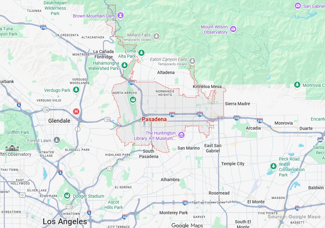 Pasadena Home Care Service Area Map - CARE Homecare A detailed map showing Pasadena and nearby cities including Glendale, Altadena and Arcadia to illustrate the local service area.