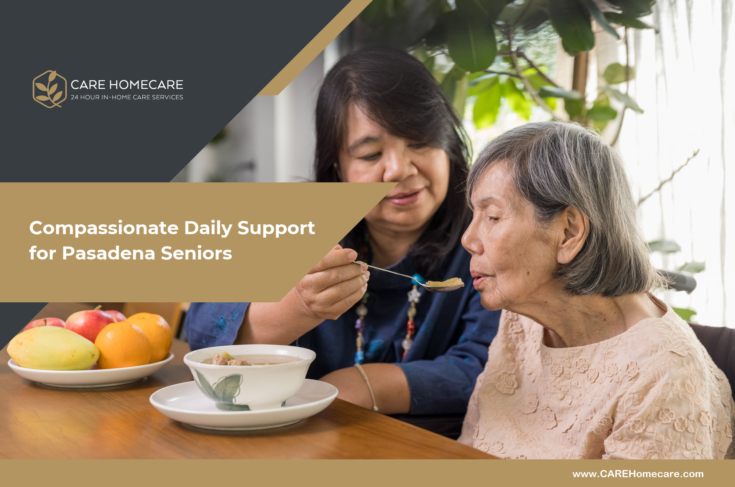 Pasadena Senior Care Daily Support And Mealtime Assistance A caregiver helping an older woman with mealtime support at home, reflecting personalized daily senior care services in Pasadena.