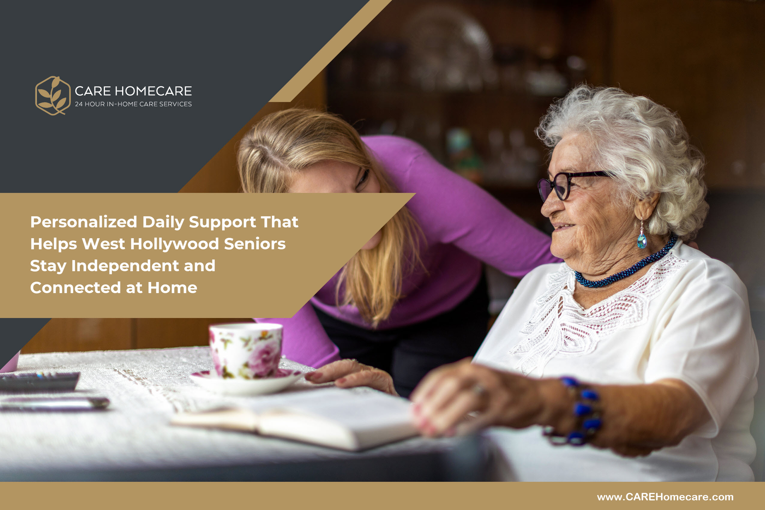West Hollywood Senior Home Care Services Provided by CARE Homecare A caregiver sharing a warm moment with an older woman at a dining table as they talk and enjoy time together during in home care.