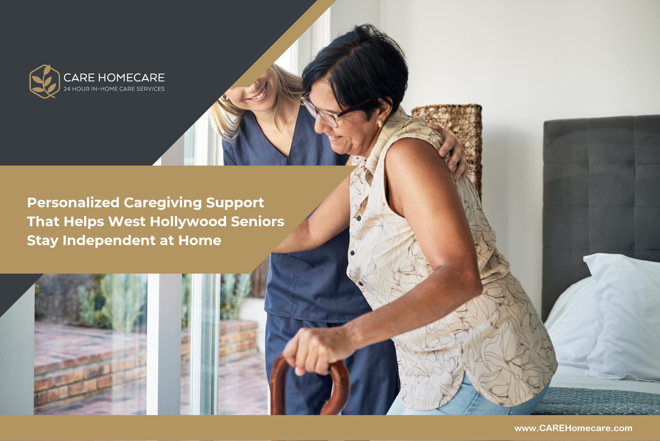 West Hollywood Senior Home Care Support A caregiver helping an older adult stand safely with a cane near a bright doorway in a West Hollywood home during daily support.