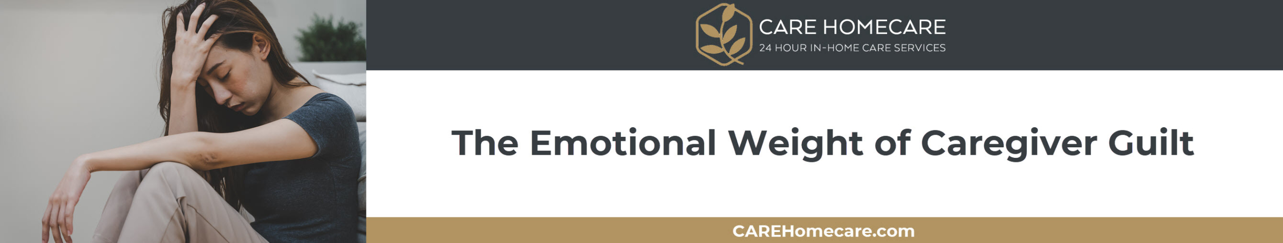 A caregiver sitting quietly with a conflicted expression while caring for an older loved one at home.
