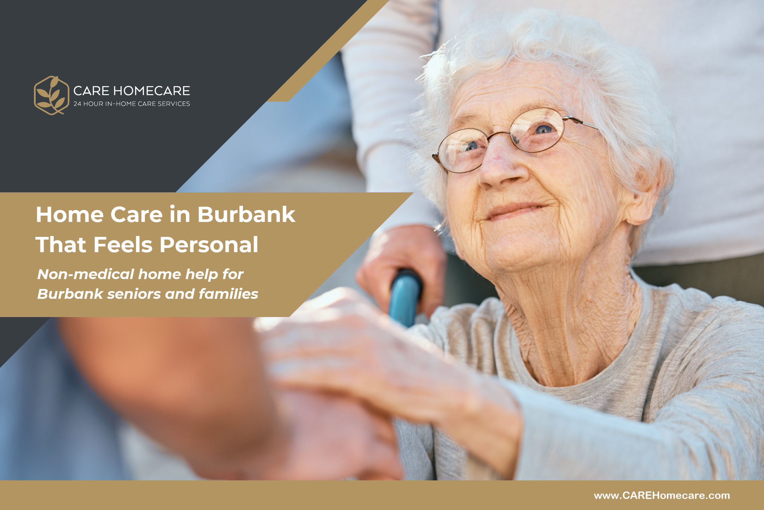 A caregiver offering steady support to an older adult at home, reflecting calm and respectful in-home care.