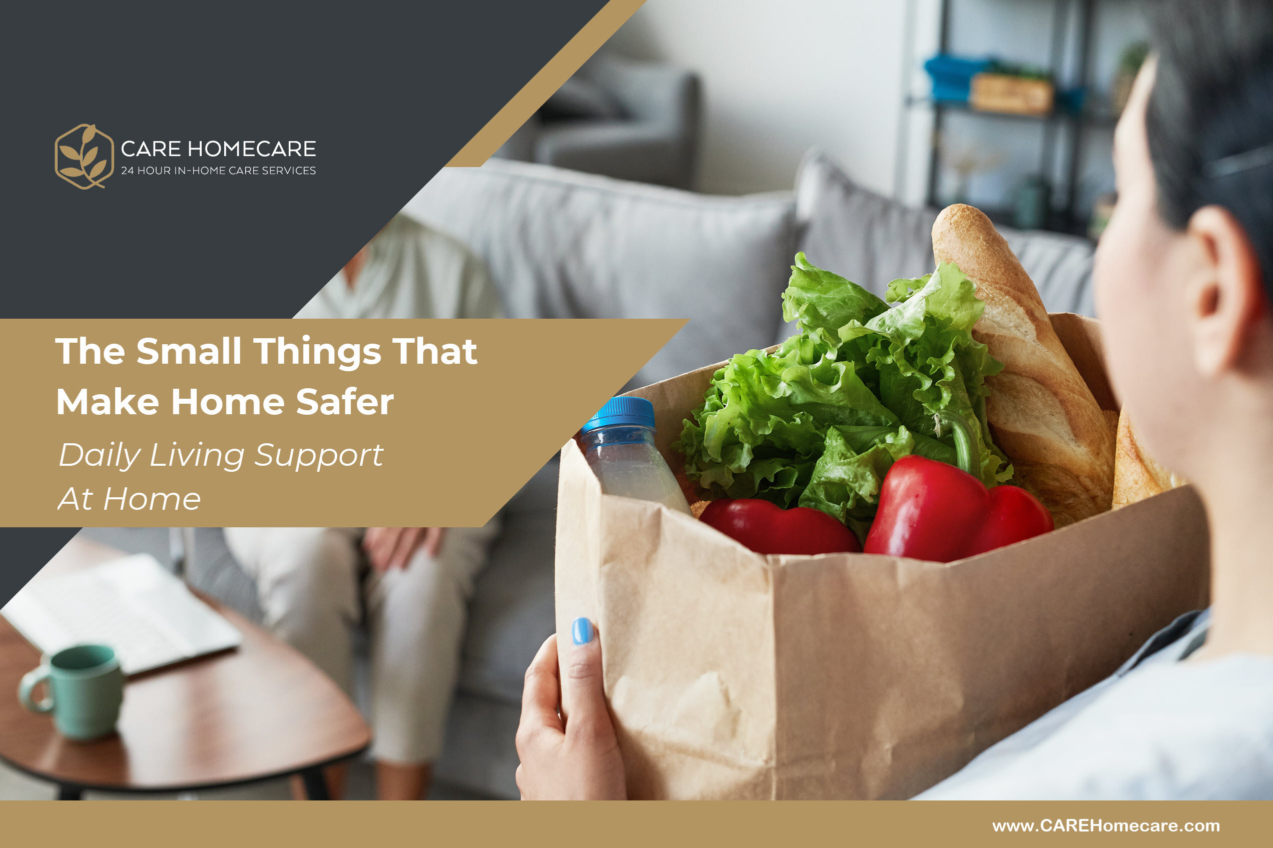 A caregiver assisting with groceries at home, helping an older adult stay steady and comfortable.