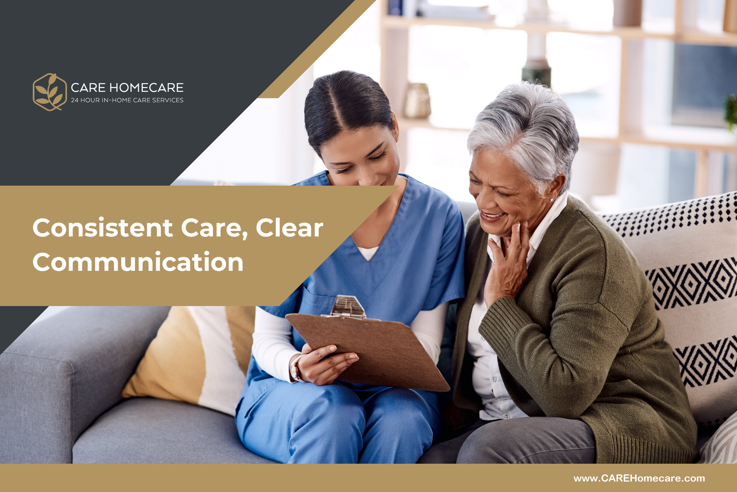 A care coordinator speaking with a family member at home, reviewing care needs and next steps for in-home support.