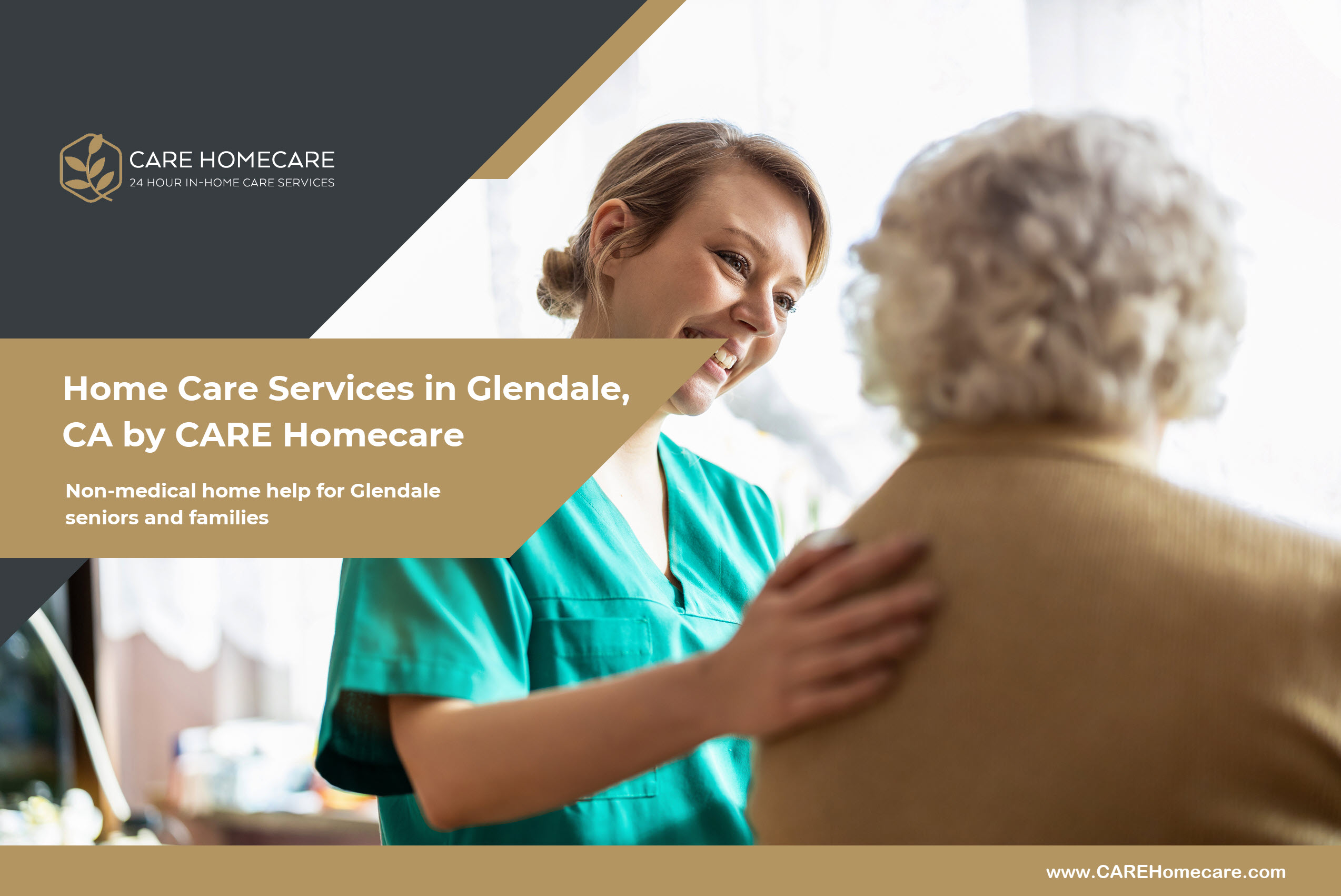 A caregiver offering steady support to an older adult in a bright living room, showing calm in-home care in Glendale.