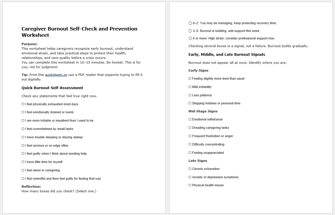 A simple self-check and prevention plan to help caregivers catch burnout early, reduce stress, and protect relationships.