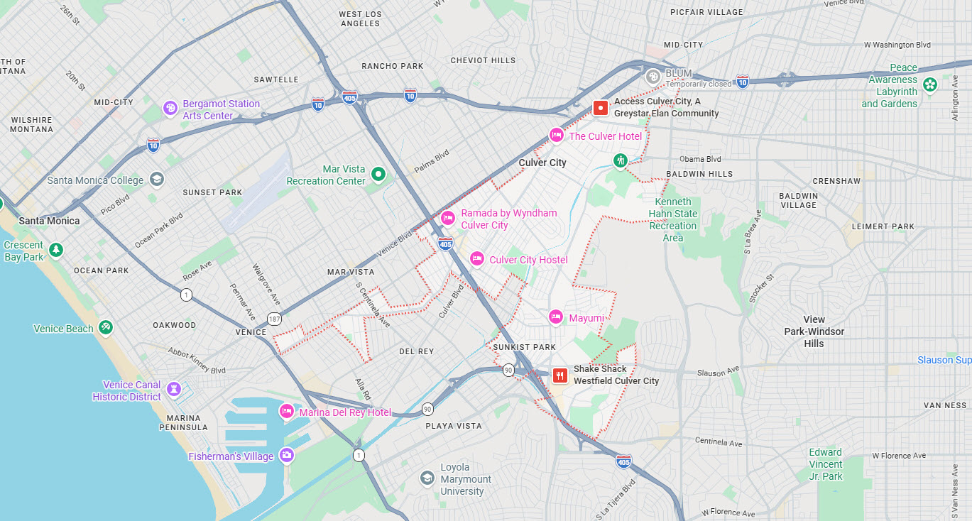A map showing Culver City and nearby Los Angeles communities where CARE Homecare provides in-home senior care.