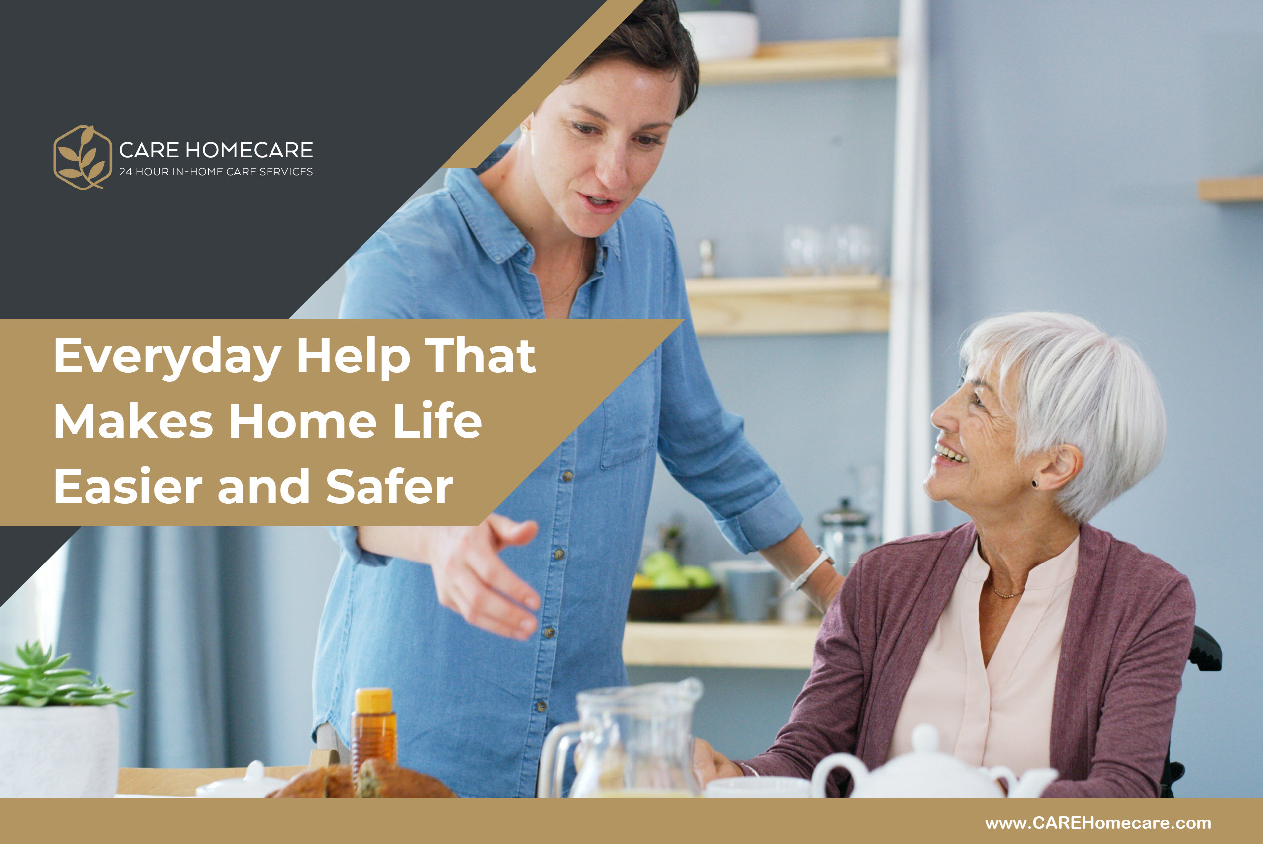 A caregiver helps an older adult with lunch and conversation in a comfortable home setting.