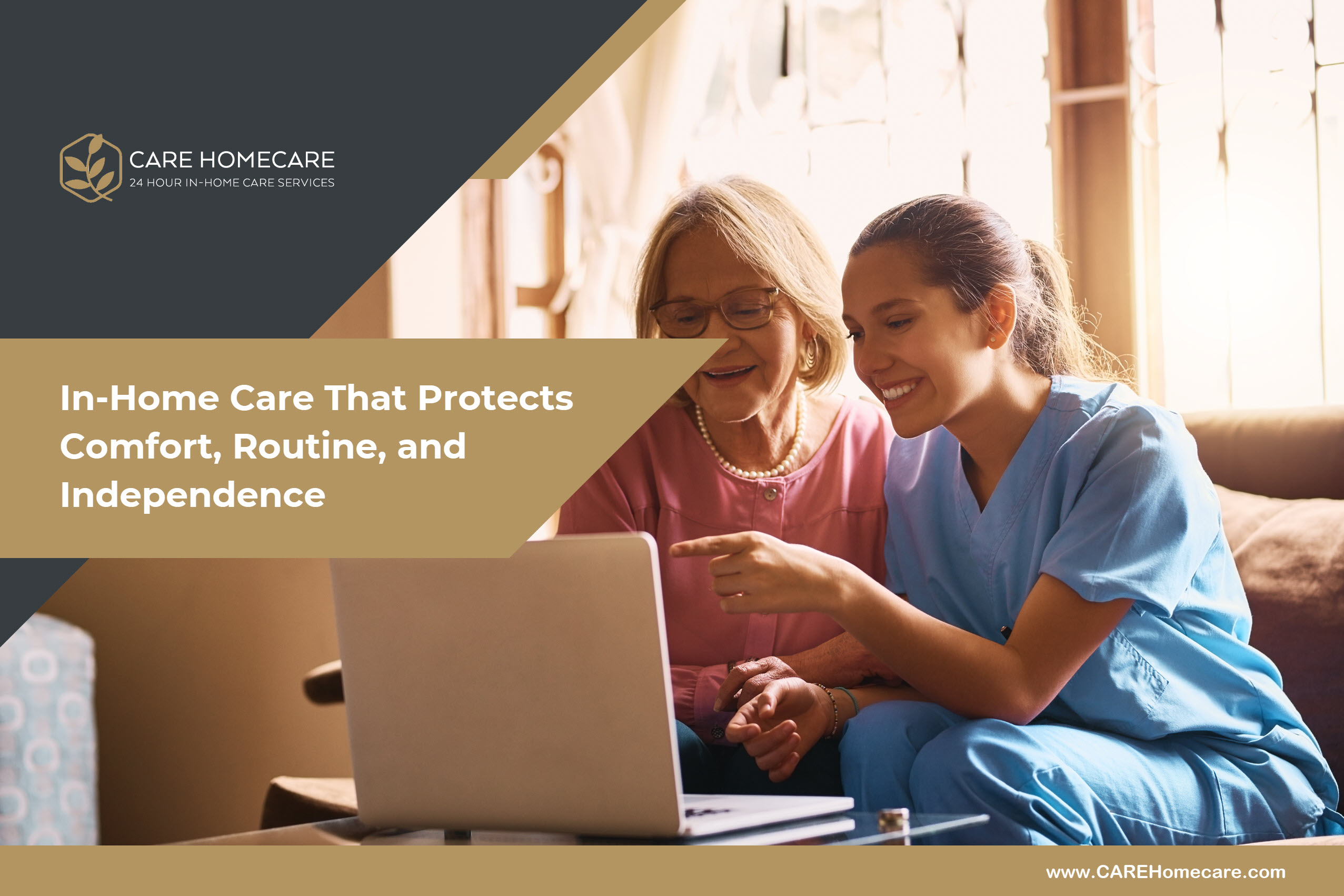 An older adult enjoys a calm morning at home with a caregiver nearby for reassurance and support.