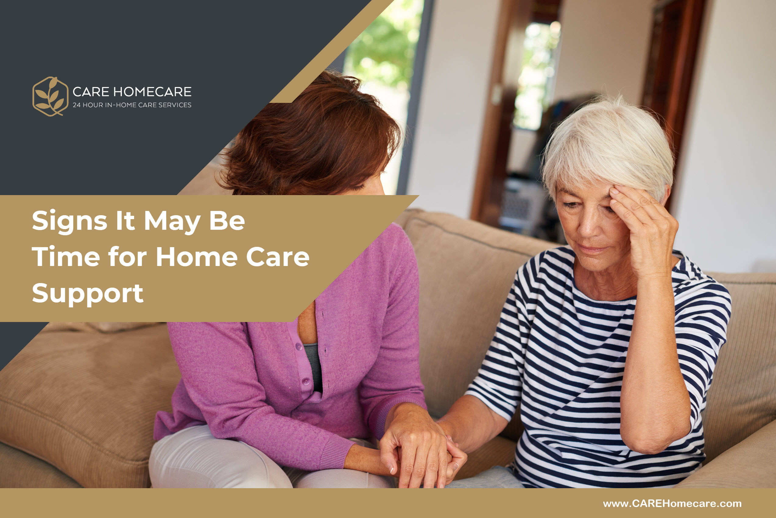 An adult daughter talks with her older parent at home while planning support for daily care and routines.