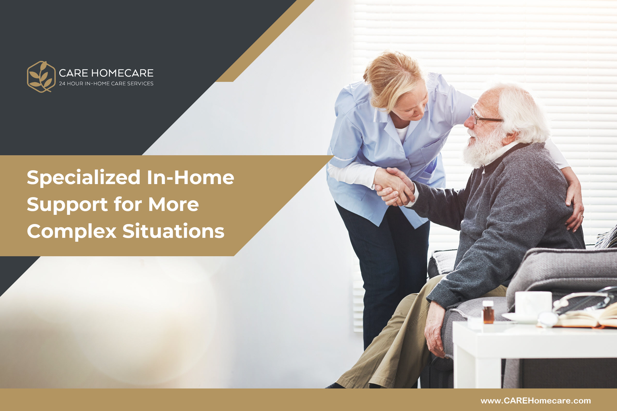 A caregiver offers calm guidance to an older adult recovering at home and needing memory-related support.