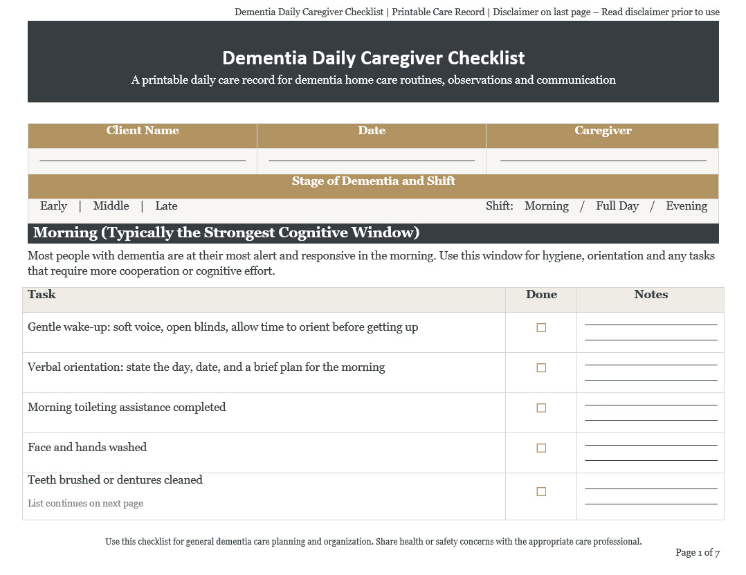 Download a free printable dementia daily caregiver checklist for non-medical home care. Covers morning routines, behavioral observation, sundowning, and wandering support.