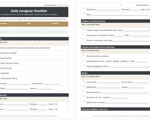 Download and edit this free printable caregiver daily checklist for elderly loved ones. Covers morning routines, medication reminders, meals, mobility, and more. Word and PDF included.