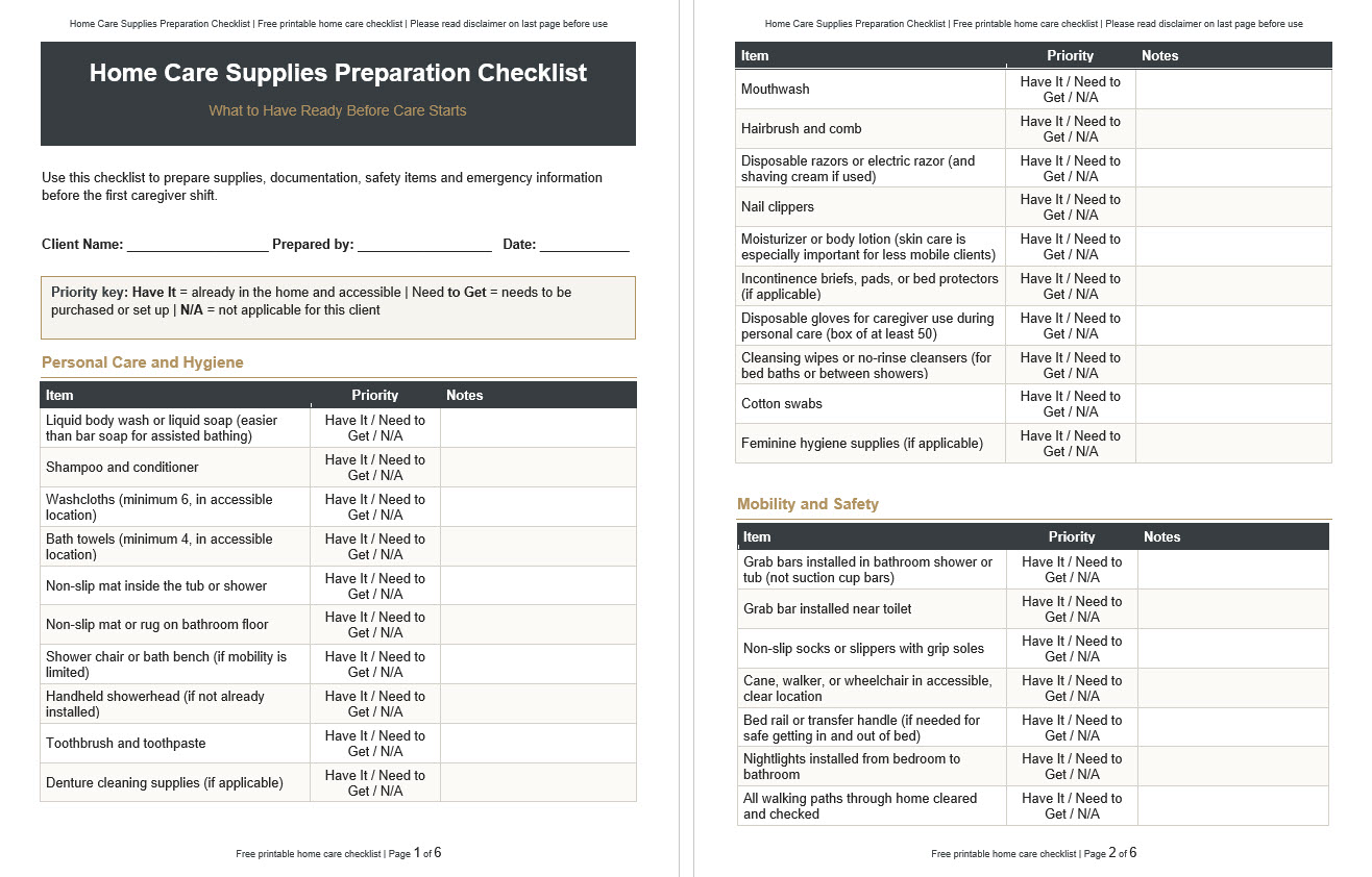 Use our free printable home care supplies checklist to get your home ready before the first caregiver shift. Covers personal care, mobility, medications, documentation and emergency preparedness.