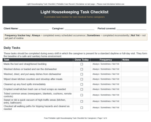 Download a free printable light housekeeping checklist for home caregivers. Covers daily, weekly and monthly tasks with a frequency tracker, scope guidance, and PDF download.