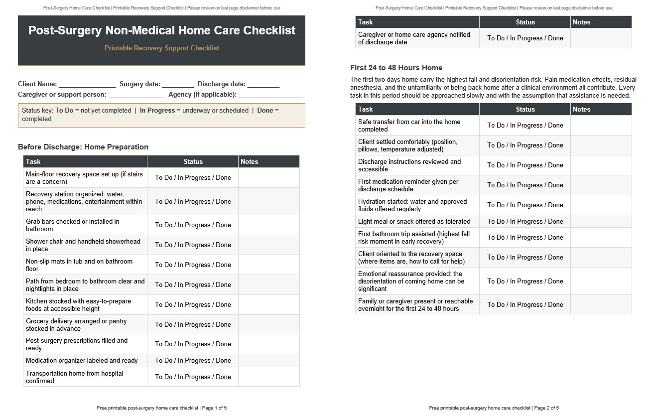 Download a free printable post-surgery home care checklist for non-medical recovery support at home. Covers pre-discharge preparation, first 48 hours, daily and weekly tasks. PDF included.